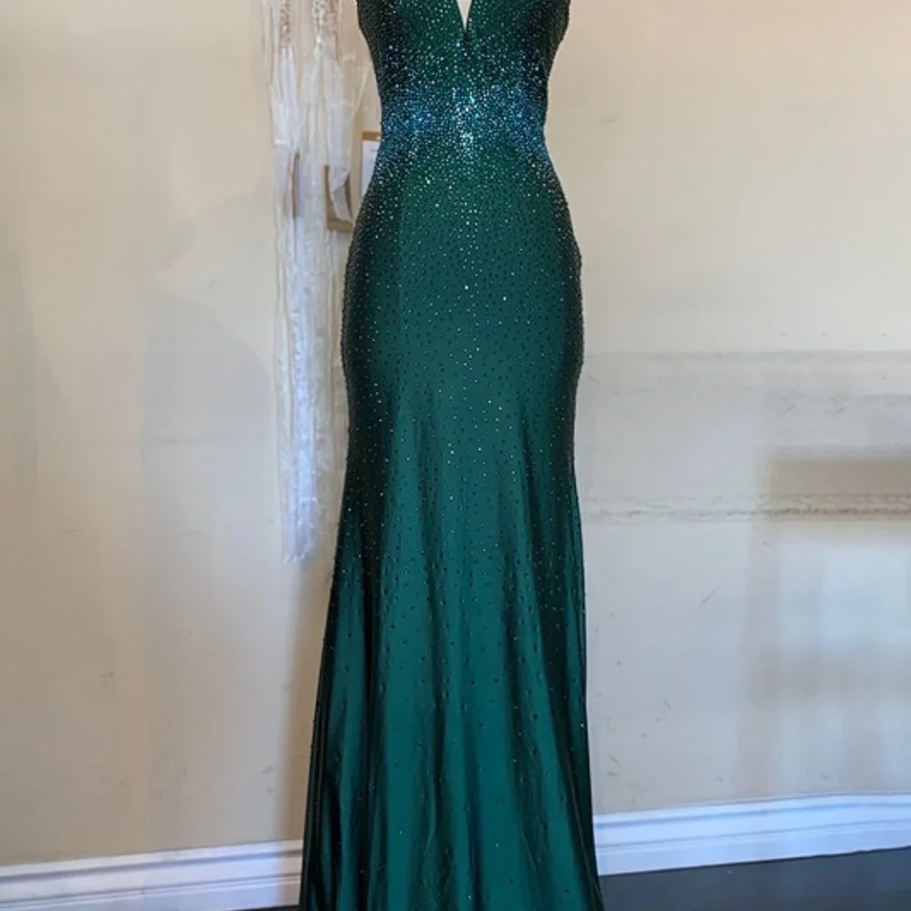 EMERALD GREEN OPEN BACK BEADED SLEEVELESS PROM PARTY SHEATH LONG GOWN ac390_8